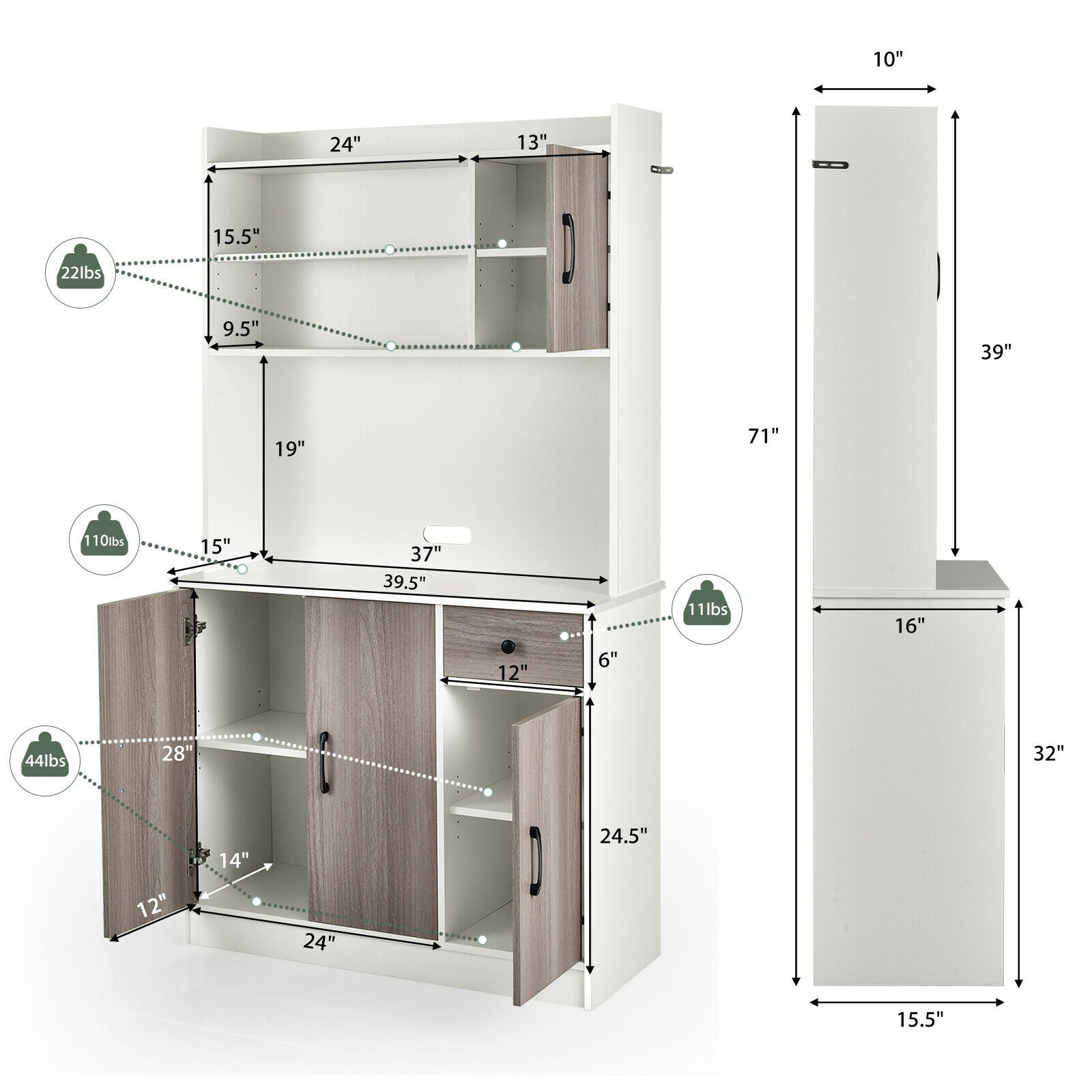 4-Door Freestanding Kitchen Buffet with Hutch and Adjustable Shelves-White