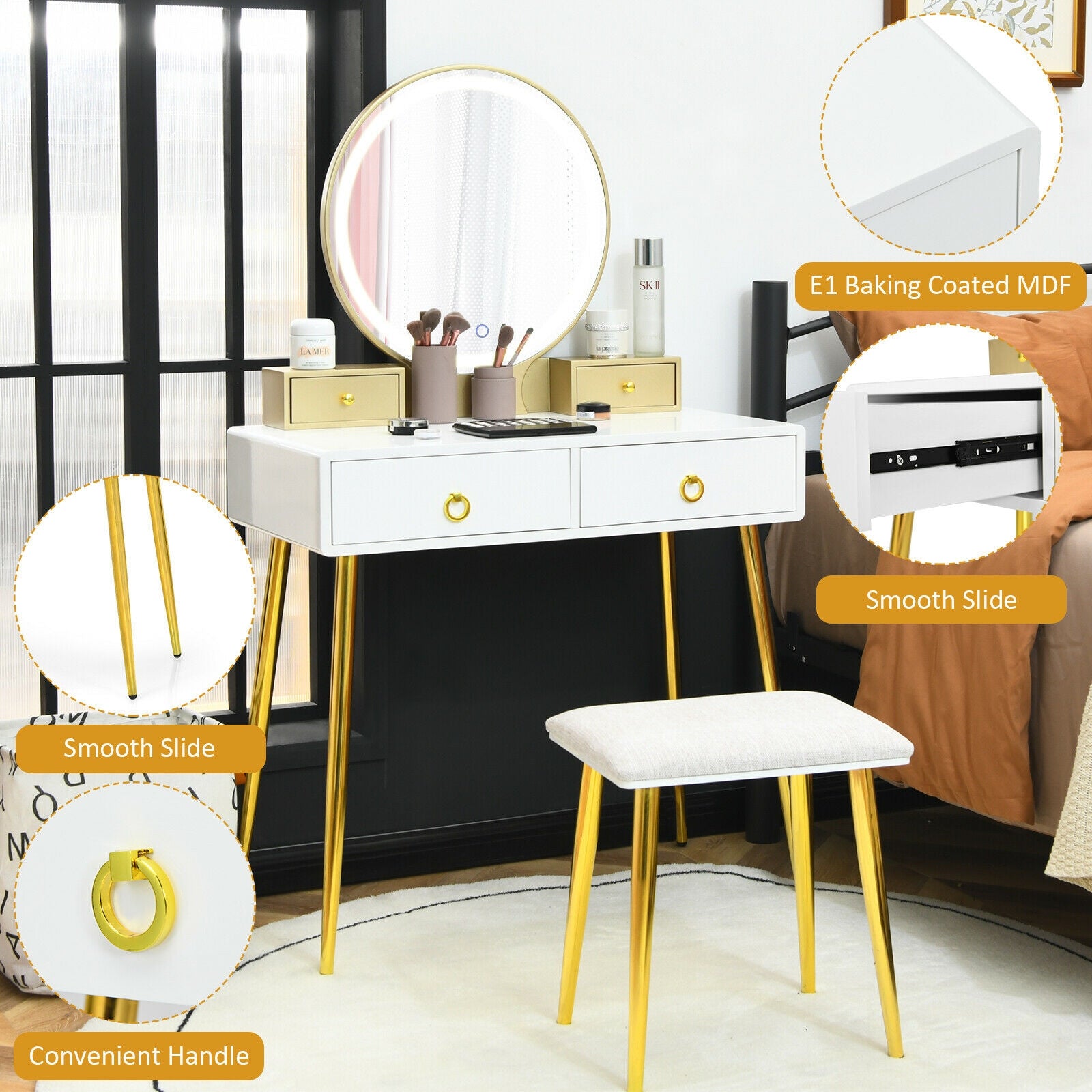 Vanity Table Set with Mirror-White