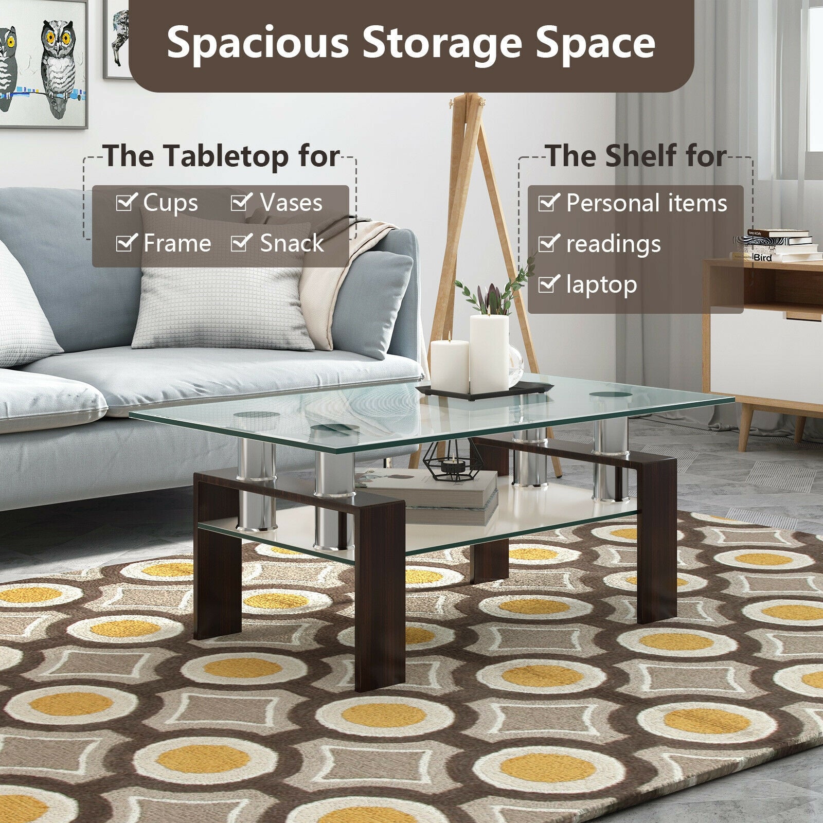 Rectangle Glass Coffee Table with Metal Legs for Living Room-Brown