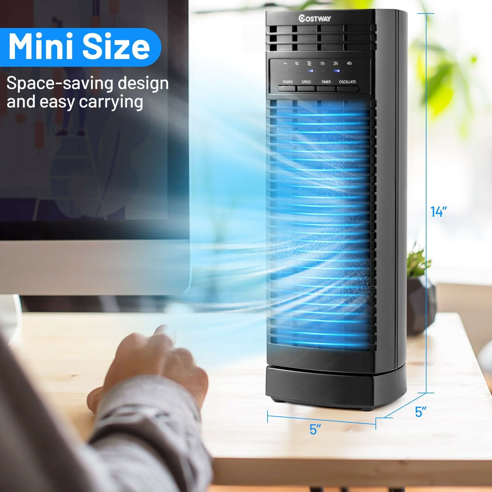 14 Inch Mini Oscillating Tower Fan Electric Desk Fan with 3 Speed and Timer-Black