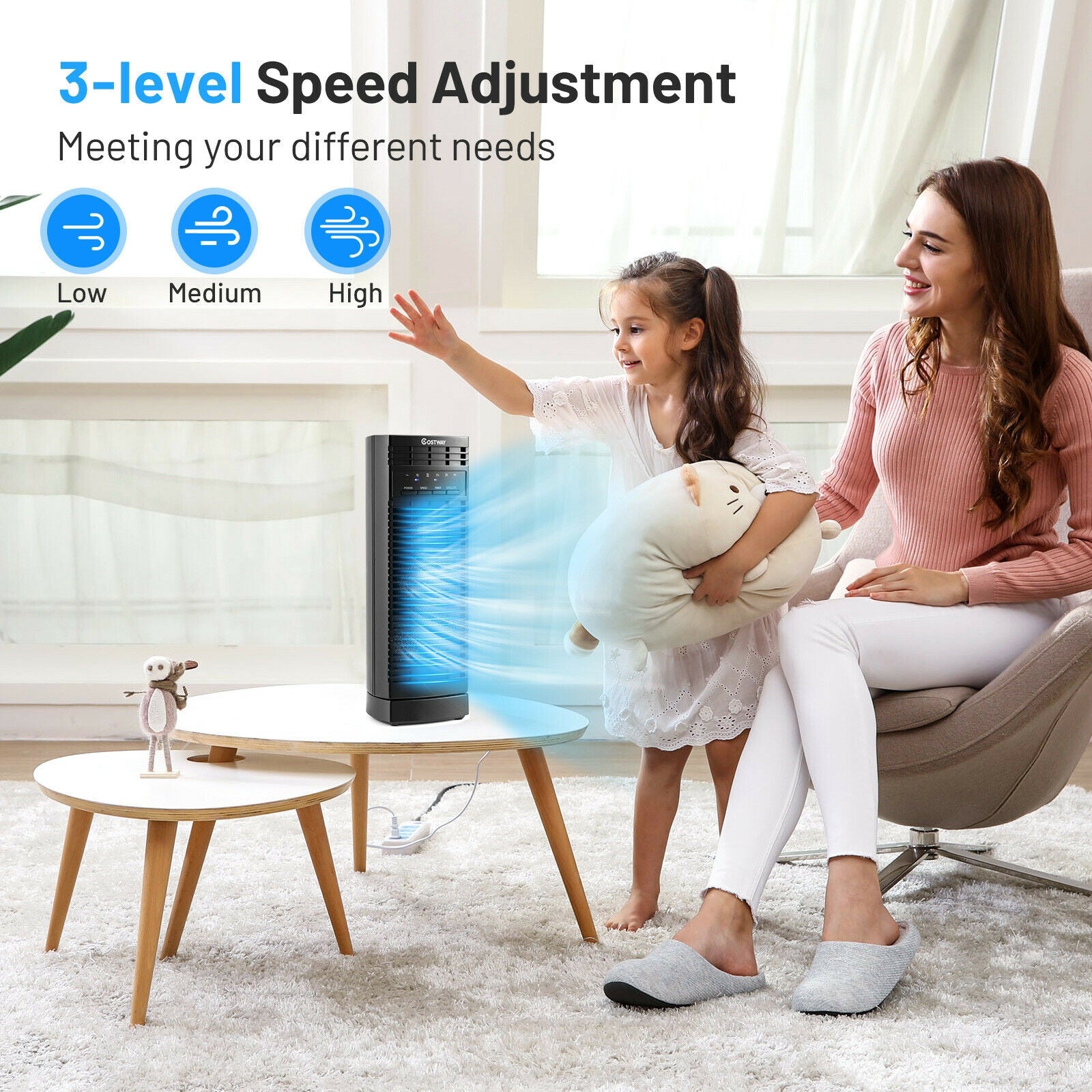 14 Inch Mini Oscillating Tower Fan Electric Desk Fan with 3 Speed and Timer-Black