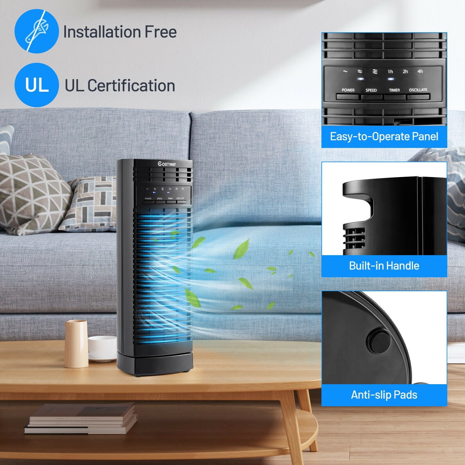 14 Inch Mini Oscillating Tower Fan Electric Desk Fan with 3 Speed and Timer-Black