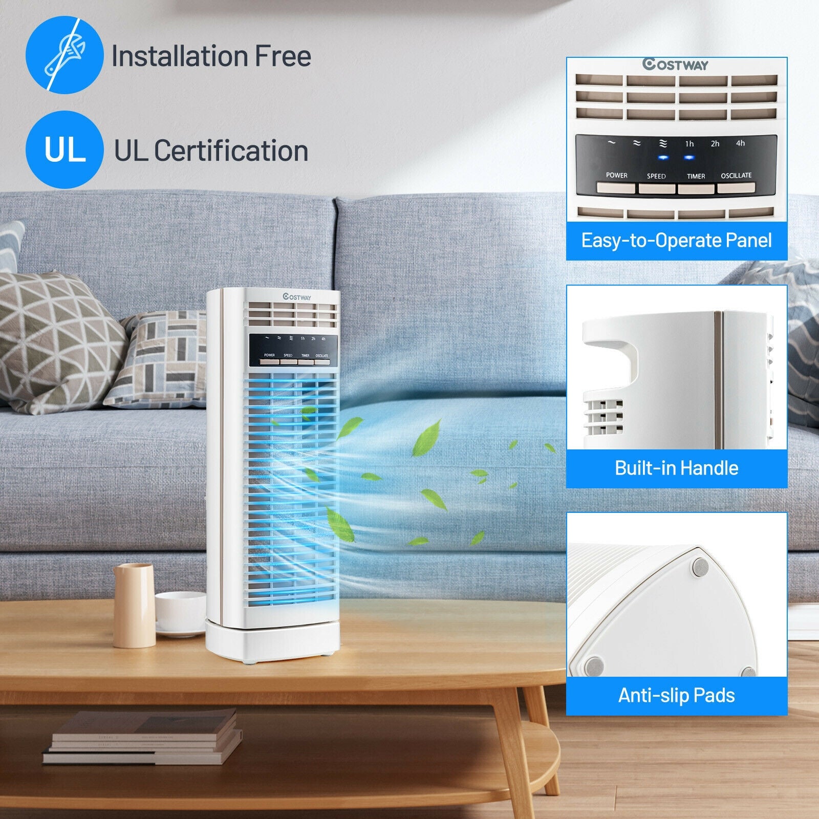 14 Inch Mini Oscillating Tower Fan Electric Desk Fan with 3 Speed and Timer-White