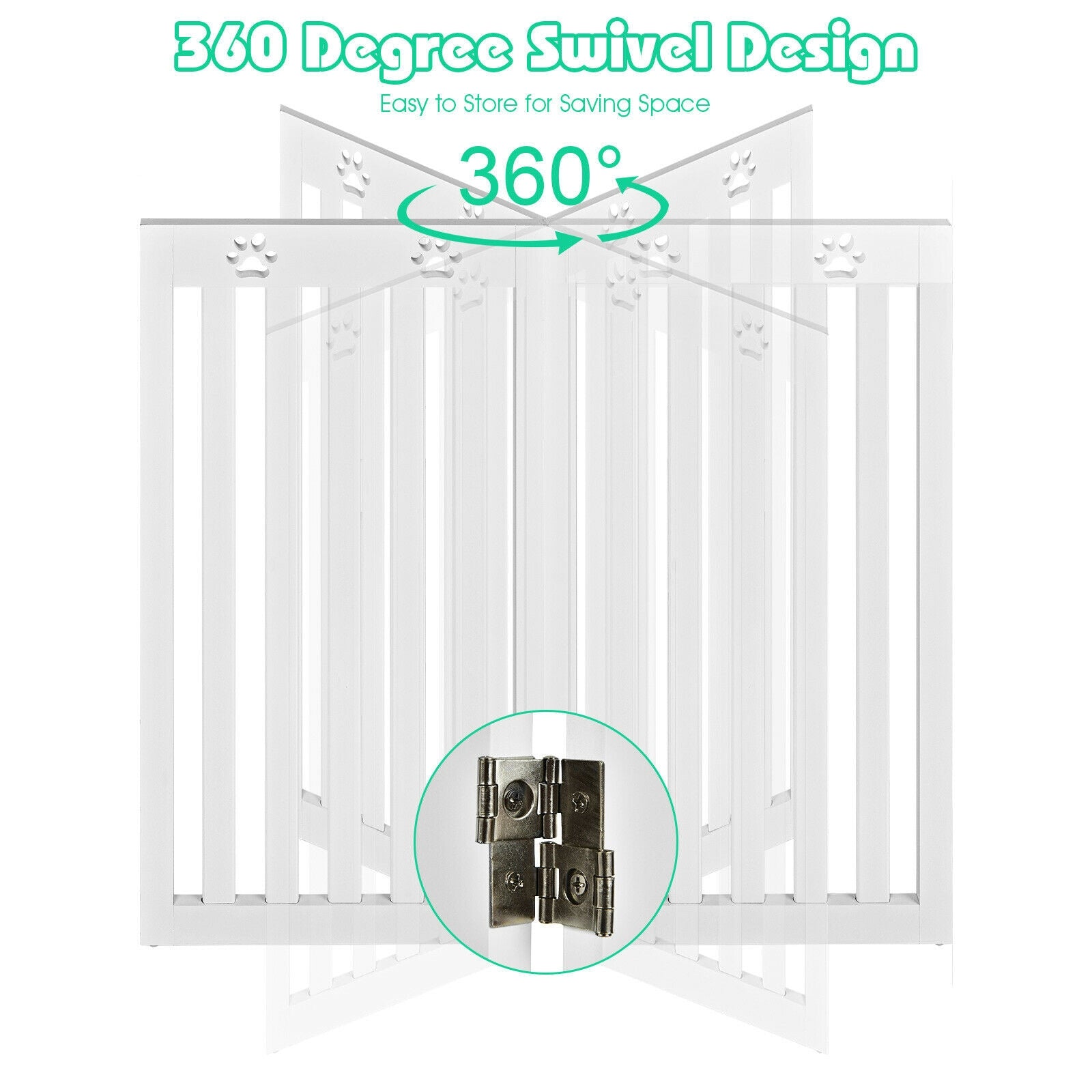 36 Inch Folding Wooden Freestanding Pet Gate with 360° Hinge-White