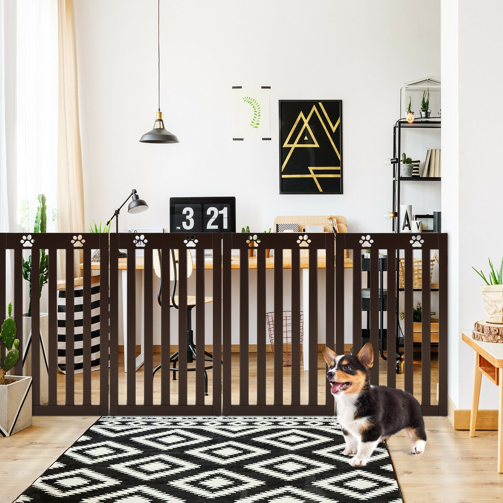 36 Inch Folding Wooden Freestanding Pet Gate with 360° Hinge-Espresso
