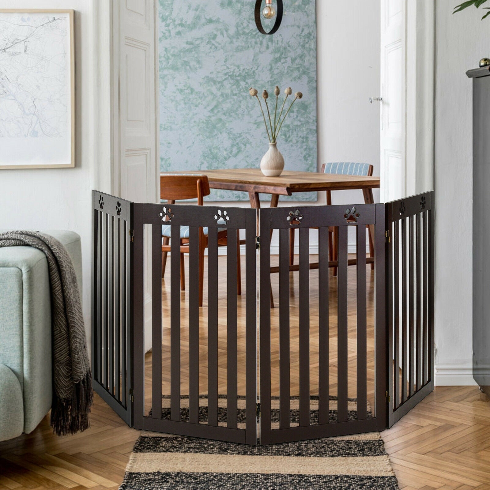 36 Inch Folding Wooden Freestanding Pet Gate with 360° Hinge-Espresso