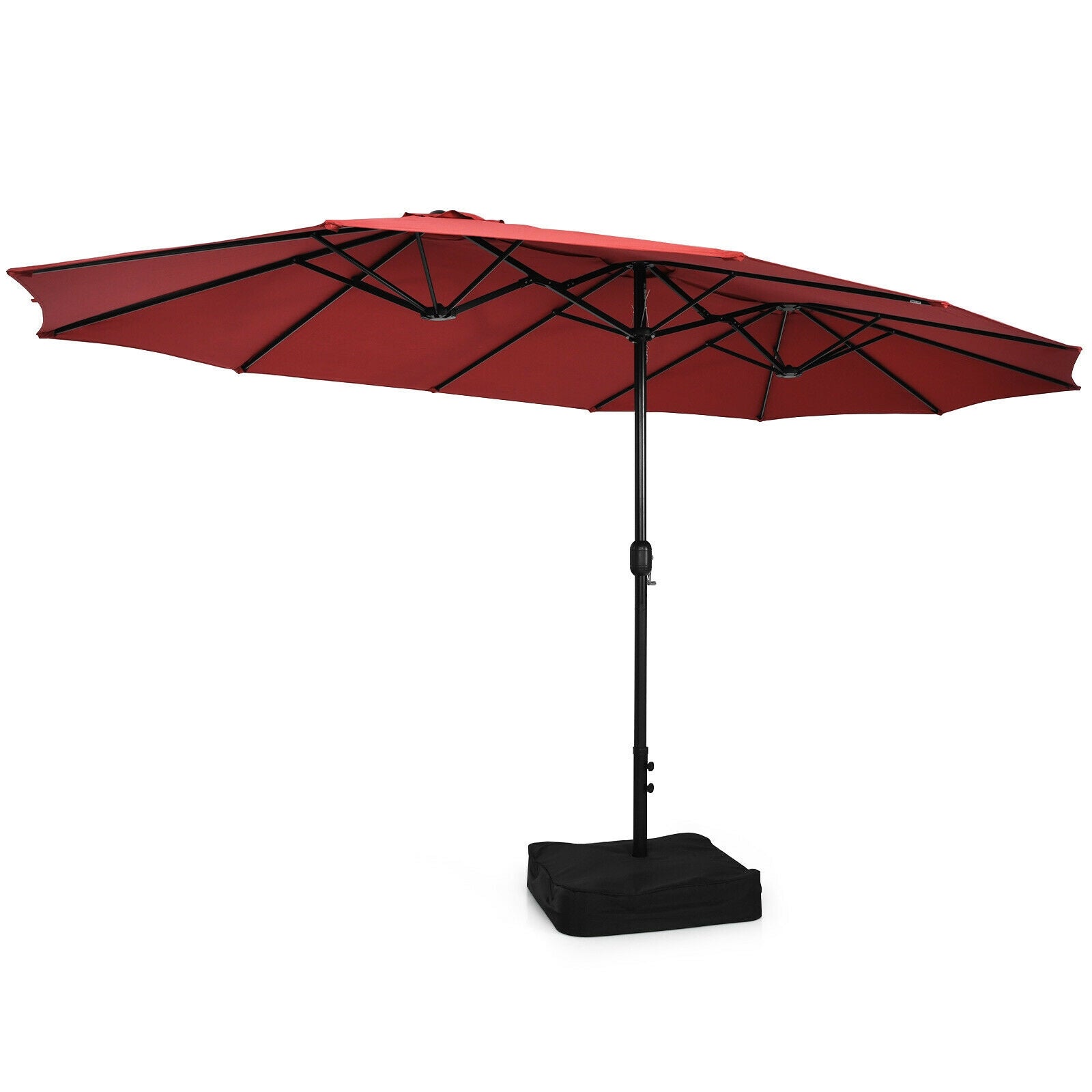 15 Feet Double-Sided Twin Patio Umbrella with Crank and Base Coffee in Outdoor Market-Wine