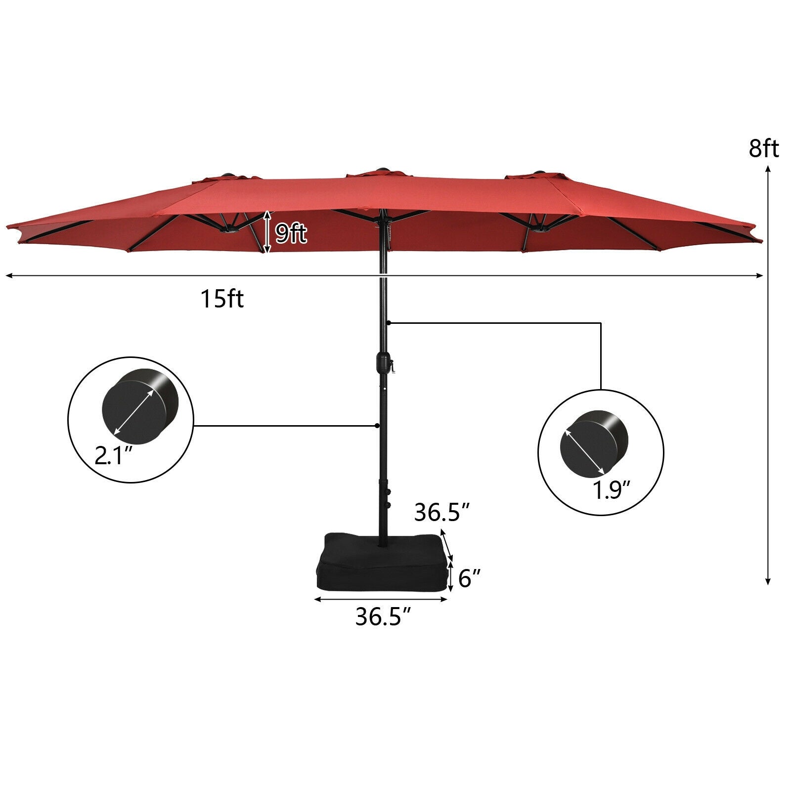 15 Feet Double-Sided Twin Patio Umbrella with Crank and Base Coffee in Outdoor Market-Wine