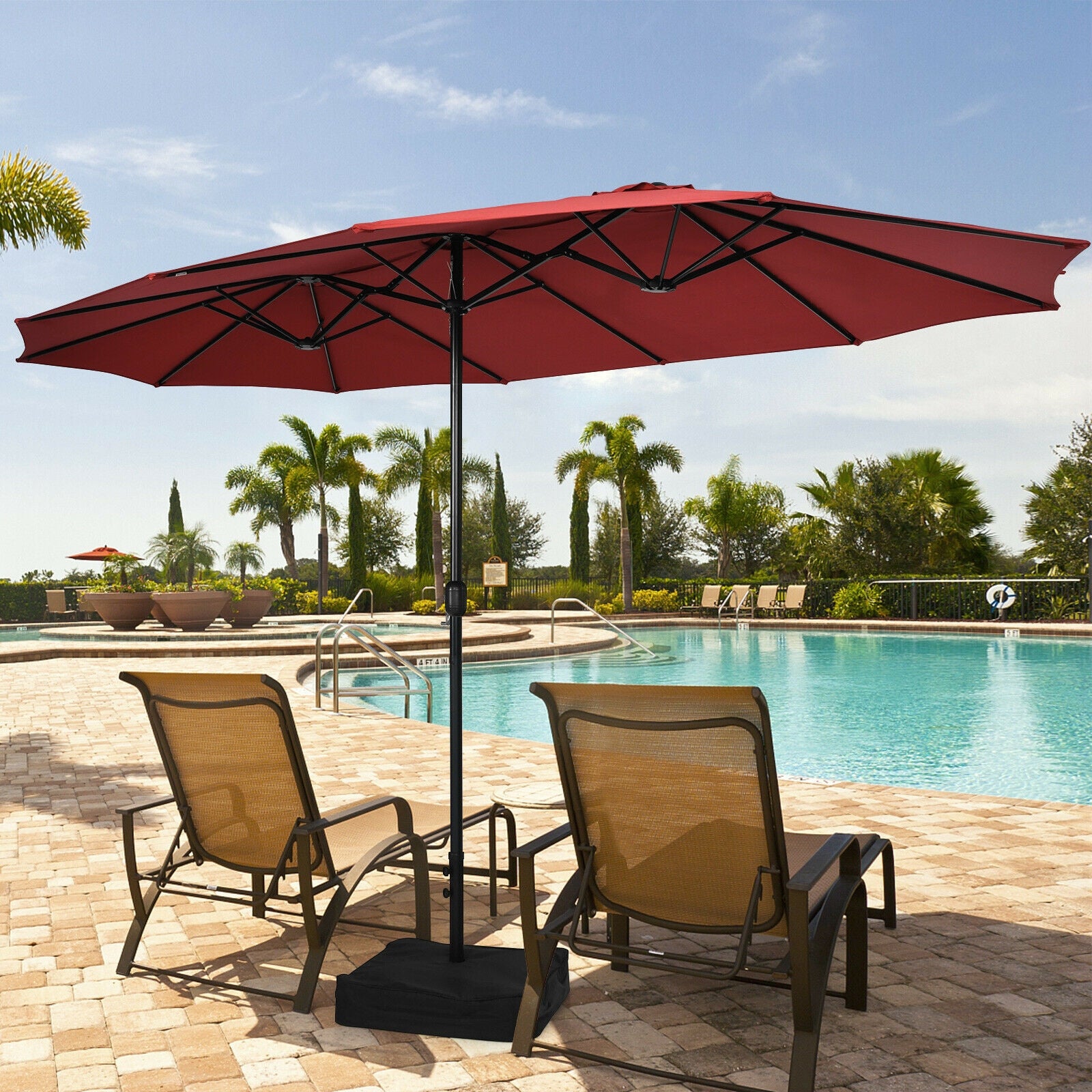 15 Feet Double-Sided Twin Patio Umbrella with Crank and Base Coffee in Outdoor Market-Wine