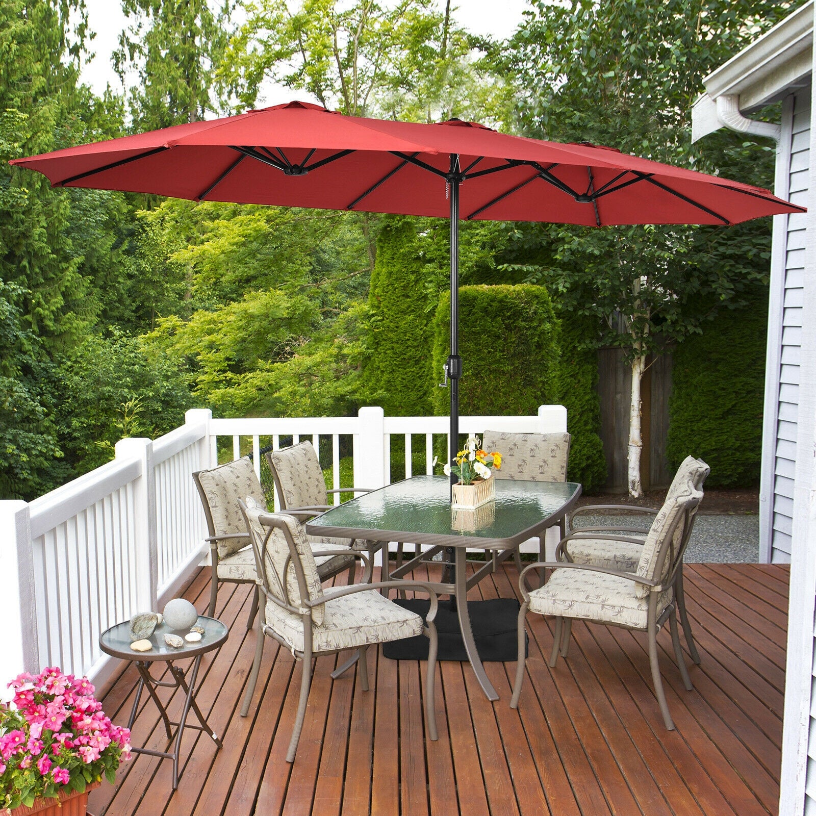15 Feet Double-Sided Twin Patio Umbrella with Crank and Base Coffee in Outdoor Market-Wine