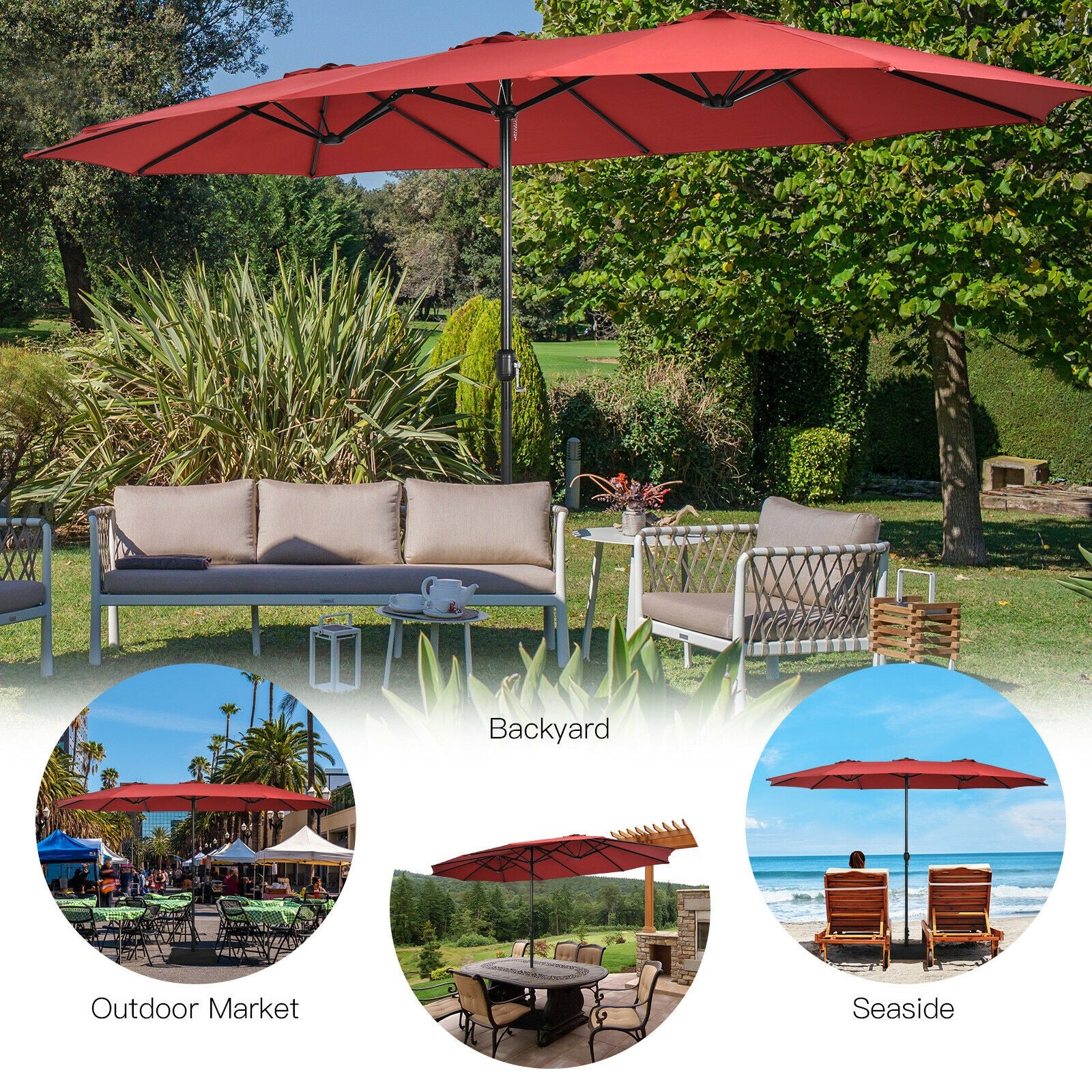 15 Feet Double-Sided Twin Patio Umbrella with Crank and Base Coffee in Outdoor Market-Wine