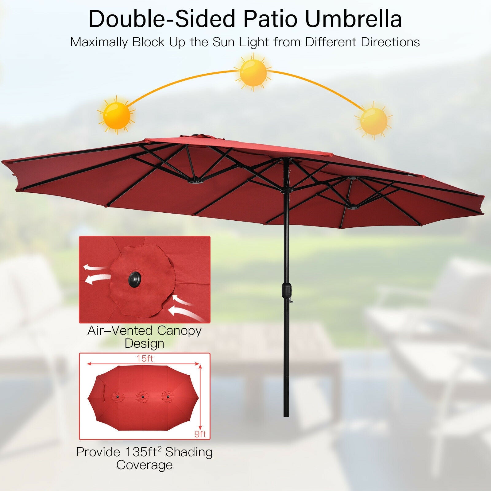 15 Feet Double-Sided Twin Patio Umbrella with Crank and Base Coffee in Outdoor Market-Wine