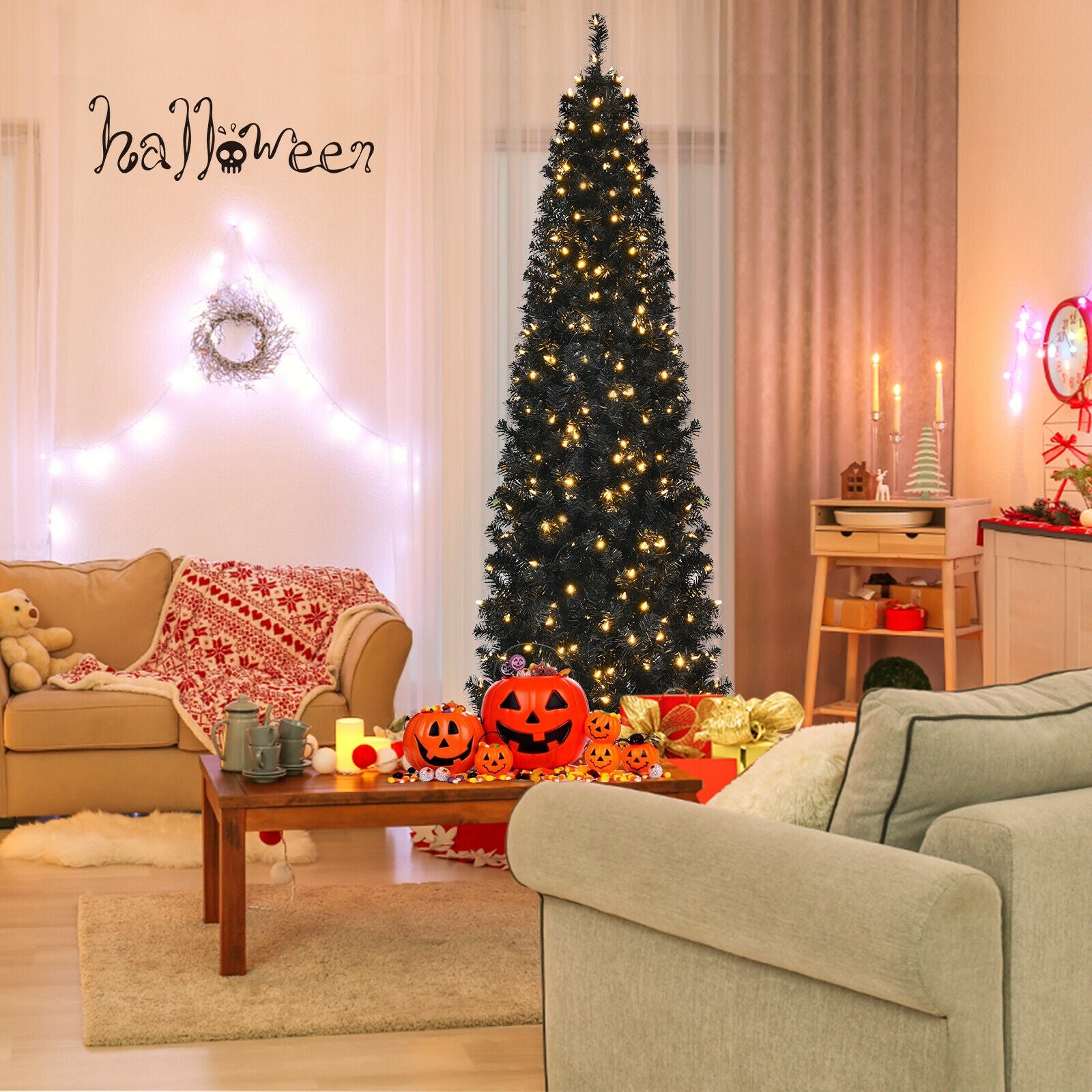 Pre-lit Christmas Halloween Tree with PVC Branch Tips and Warm White Lights-7'
