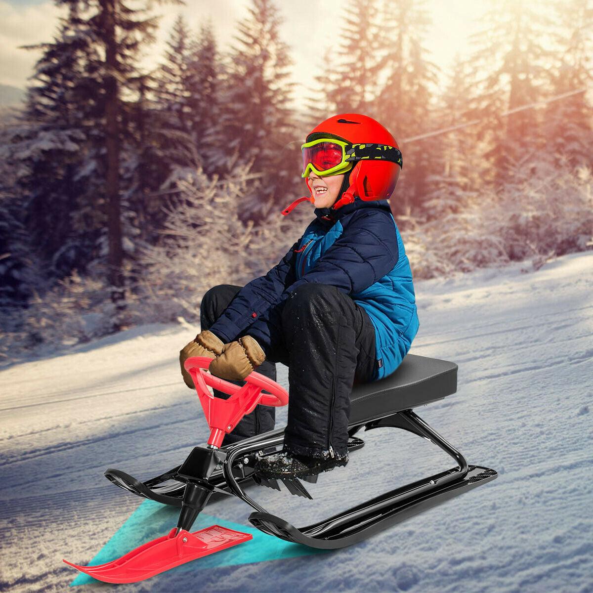 Kids Snow Sand Grass Sled w/ Steering Wheel and Brakes-RedÂ