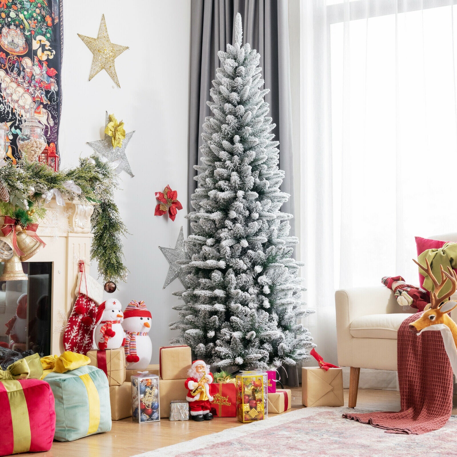 Snow-Flocked Hinged Artificial Christmas Pencil Tree with Mixed Tips-6.5 ftÂ