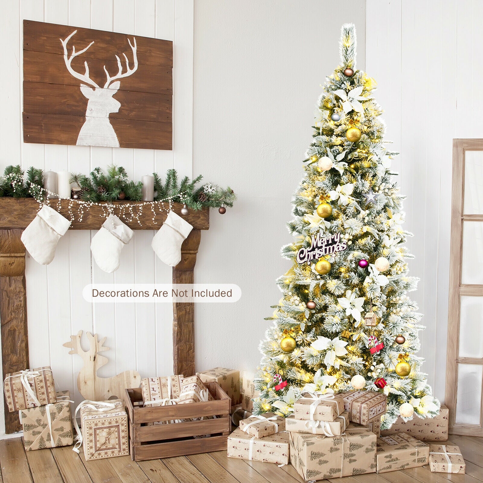 Pre-lit Snow Flocked Christmas Tree with Berries and Poinsettia Flowers-7'Â