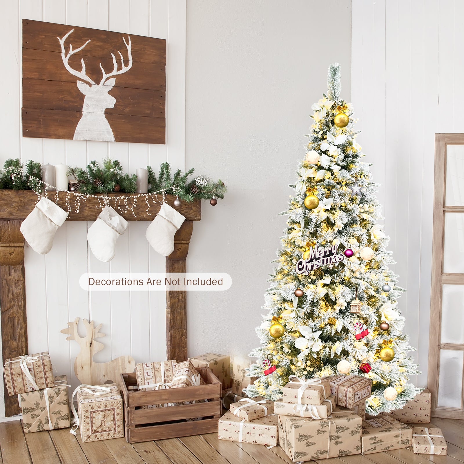 Pre-lit Snow Flocked Christmas Tree with Berries and Poinsettia Flowers-6'Â