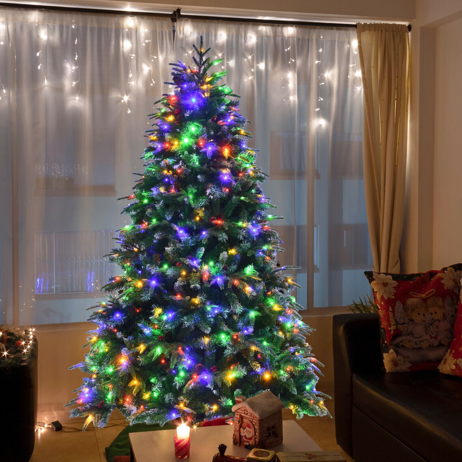 Pre-Lit Snowy Christmas Hinged Tree with Multi-Color Lights-7'Â