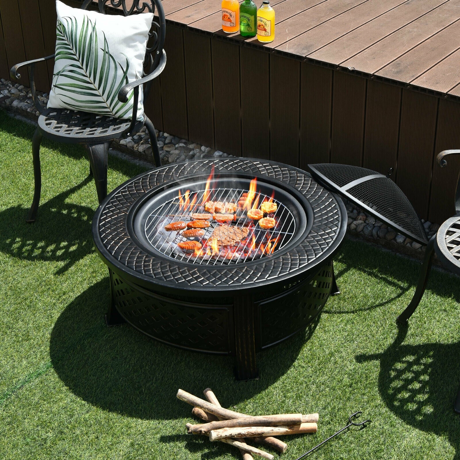 Outdoor Fire Pit with BBQ Grill and High-temp Resistance FinishÂ