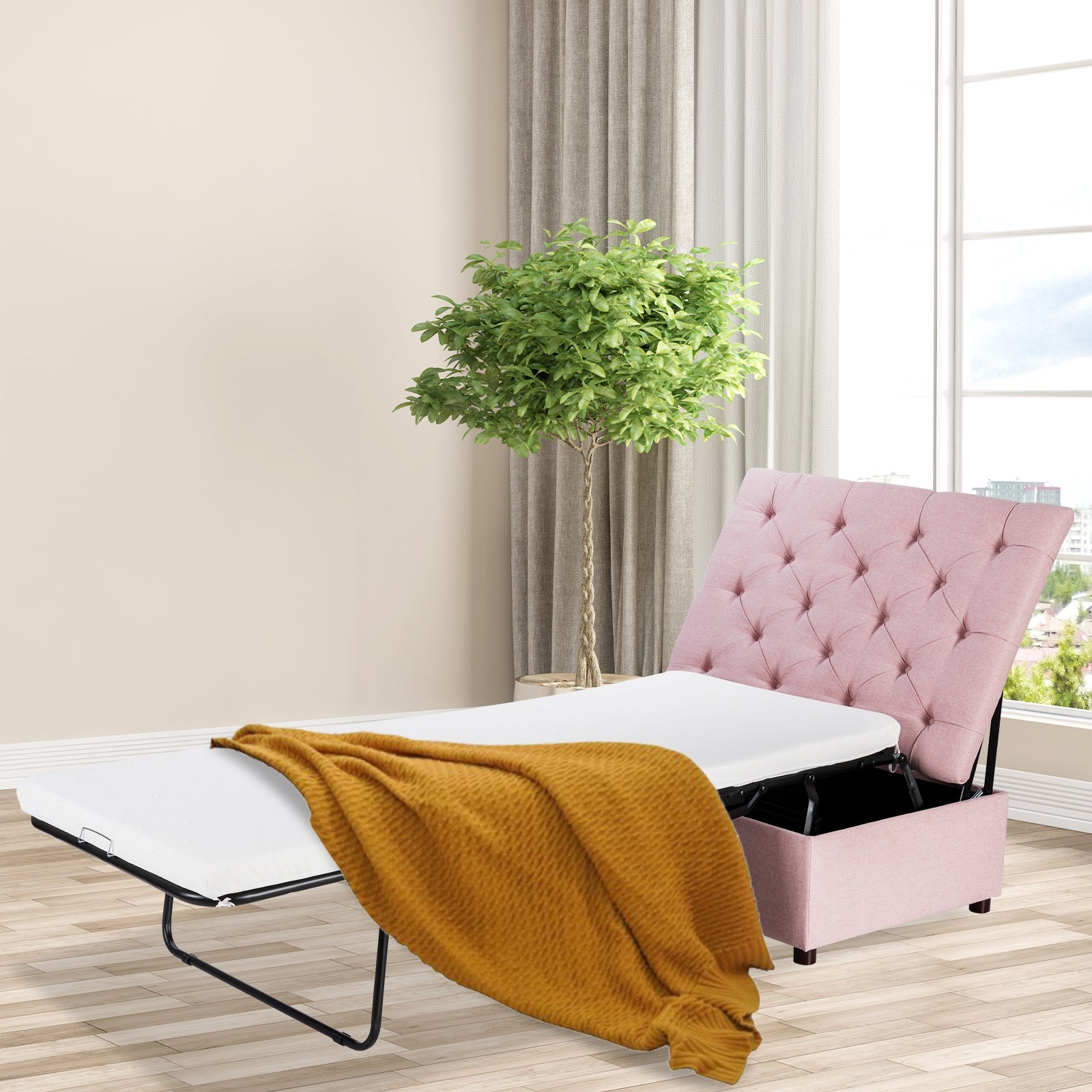 Folding Ottoman Sleeper Bed with Mattress for Guest Bed and Office Nap-PinkÂ