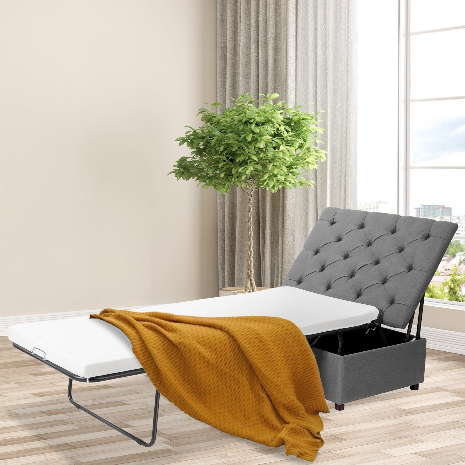 Folding Ottoman Sleeper Bed with Mattress for Guest Bed and Office Nap-GrayÂ