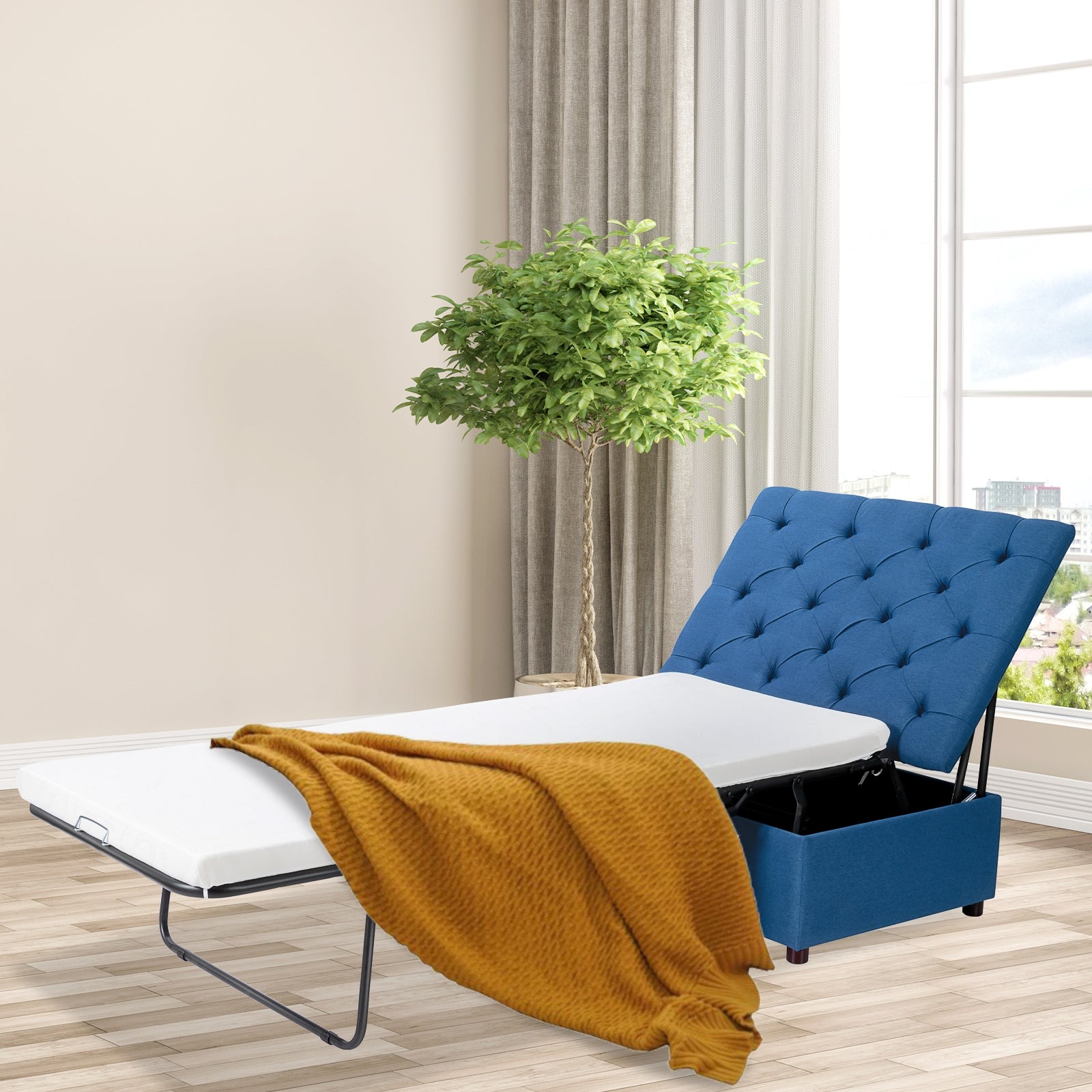 Folding Ottoman Sleeper Bed with Mattress for Guest Bed and Office Nap-BlueÂ