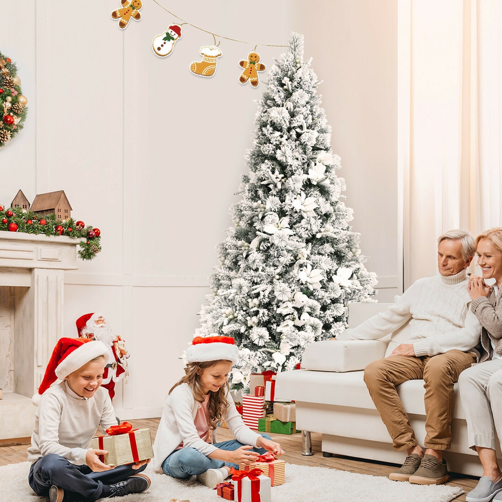 7 Feet Snow Flocked Christmas Tree with Poinsettia FlowersÂ