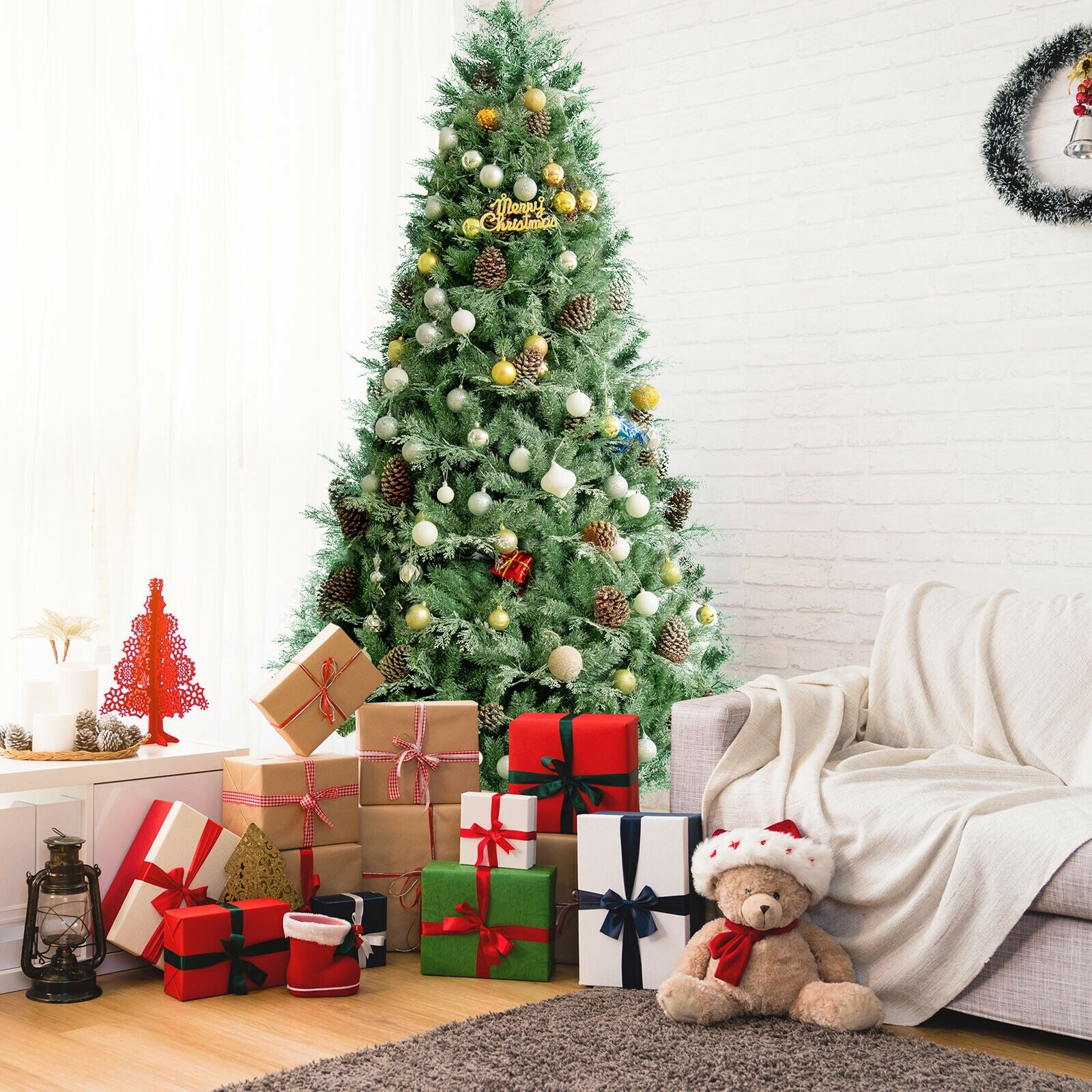 8 Feet Snow Flocked Hinged Christmas Tree with 1651 Branch Tips and Pine ConesÂ