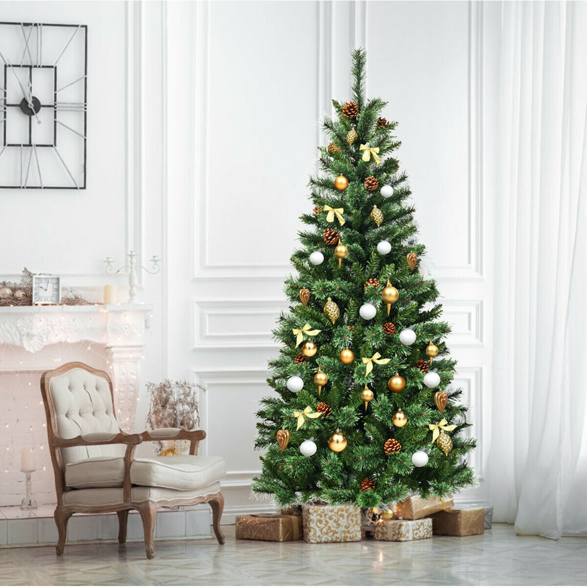 7 Feet Premium Hinged Artificial Christmas Tree with Pine ConesÂ
