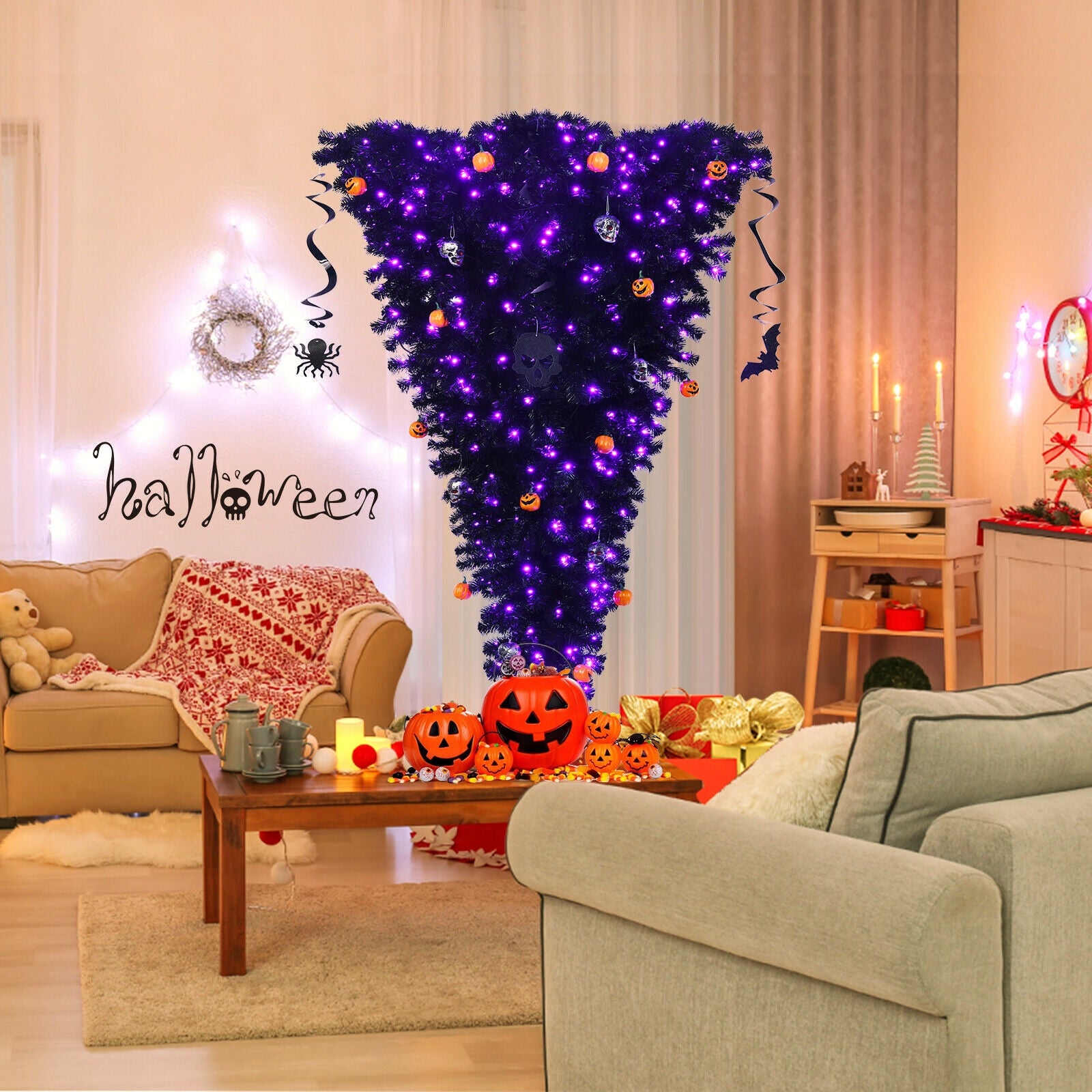 6 Feet Upside Down Artificial Christmas Tree with 270 Purple LED lightsÂ