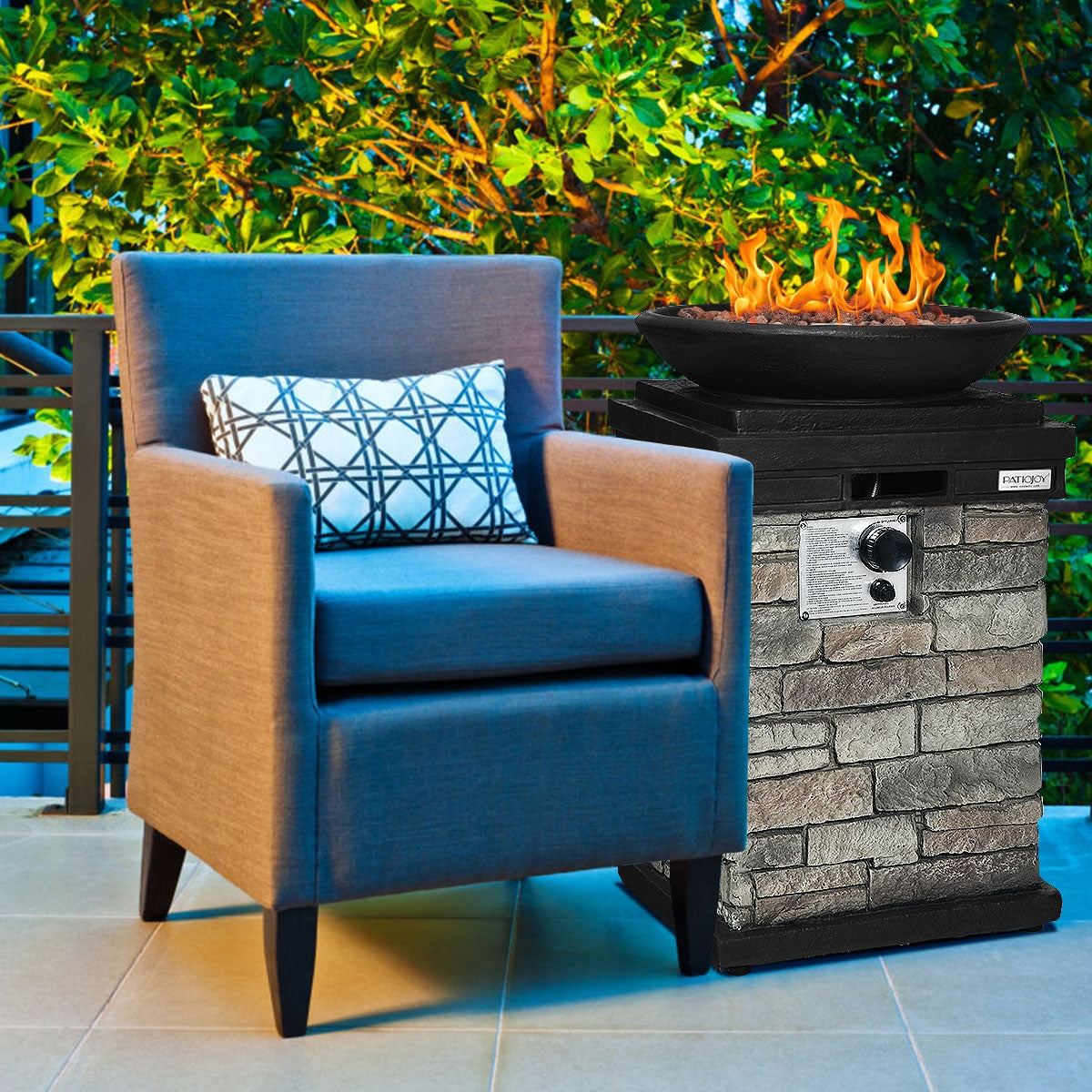 40000BTU Outdoor Propane Burning Fire Bowl Column Realistic Look Firepit Heater-GrayÂ