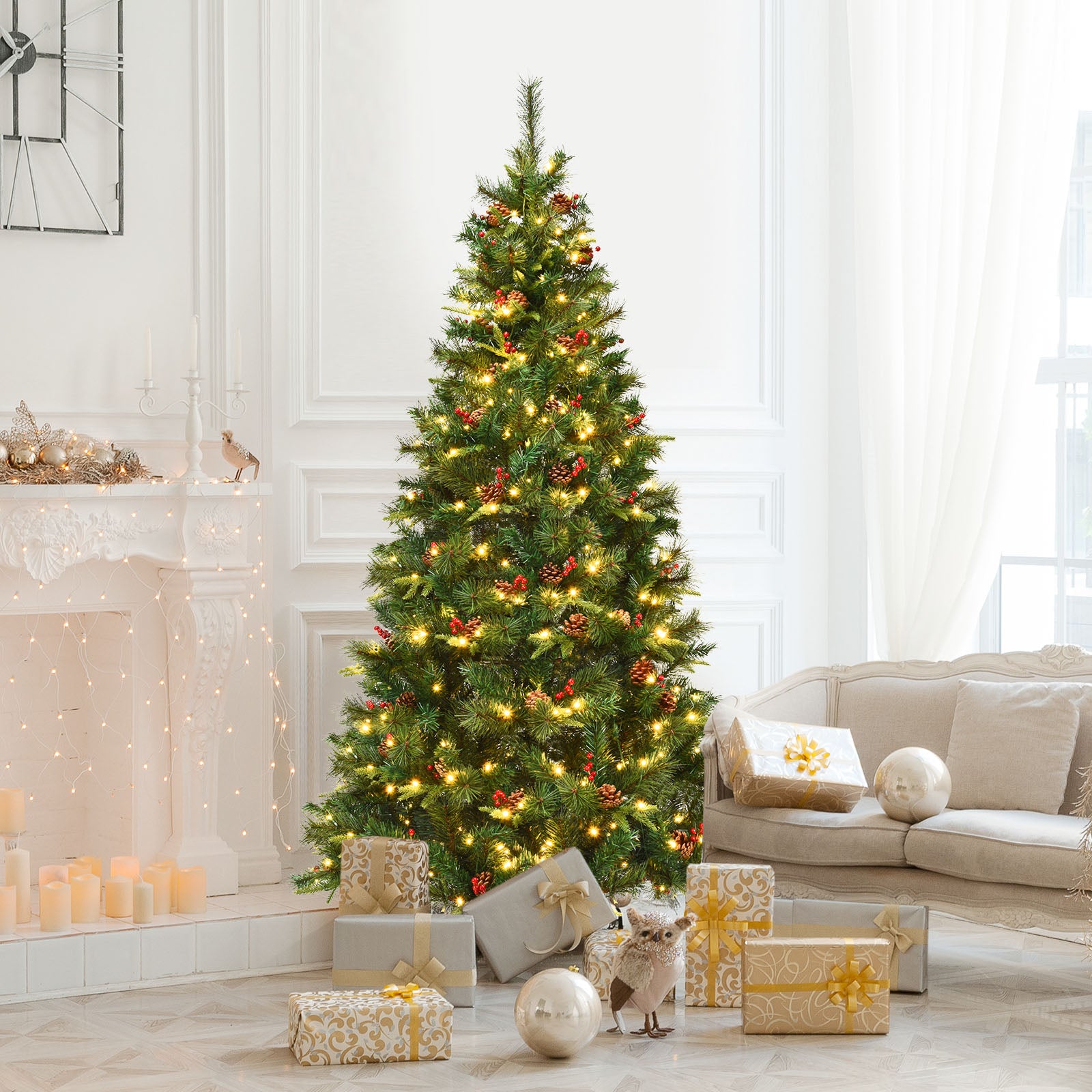 7 Feet Pre-lit Artificial Hinged Christmas Tree with LED Lights-7 ftÂ