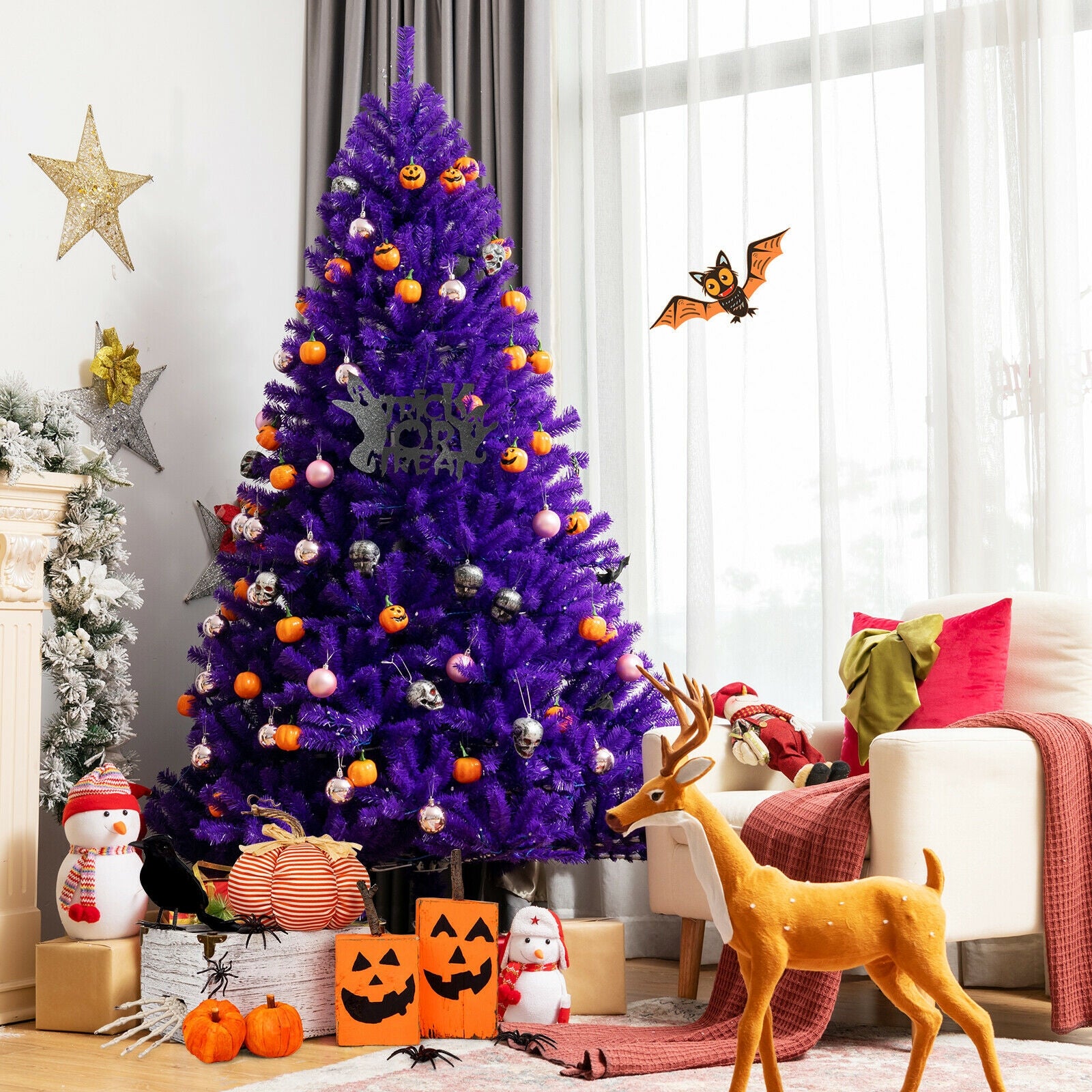 Artificial Prelit Purple Halloween Tree with Orange Lights and Pumpkin Ornaments-7'Â