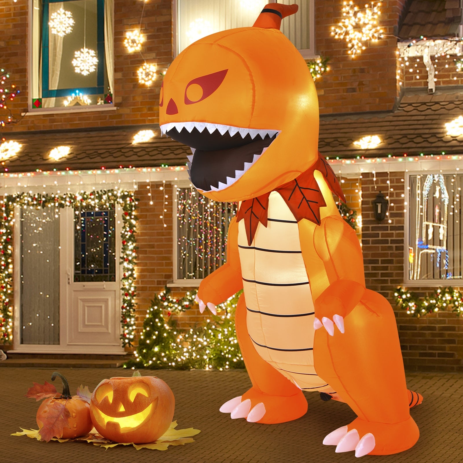 8 Feet Halloween Inflatables Pumpkin Head Dinosaur with LED Lights and 4 StakesÂ