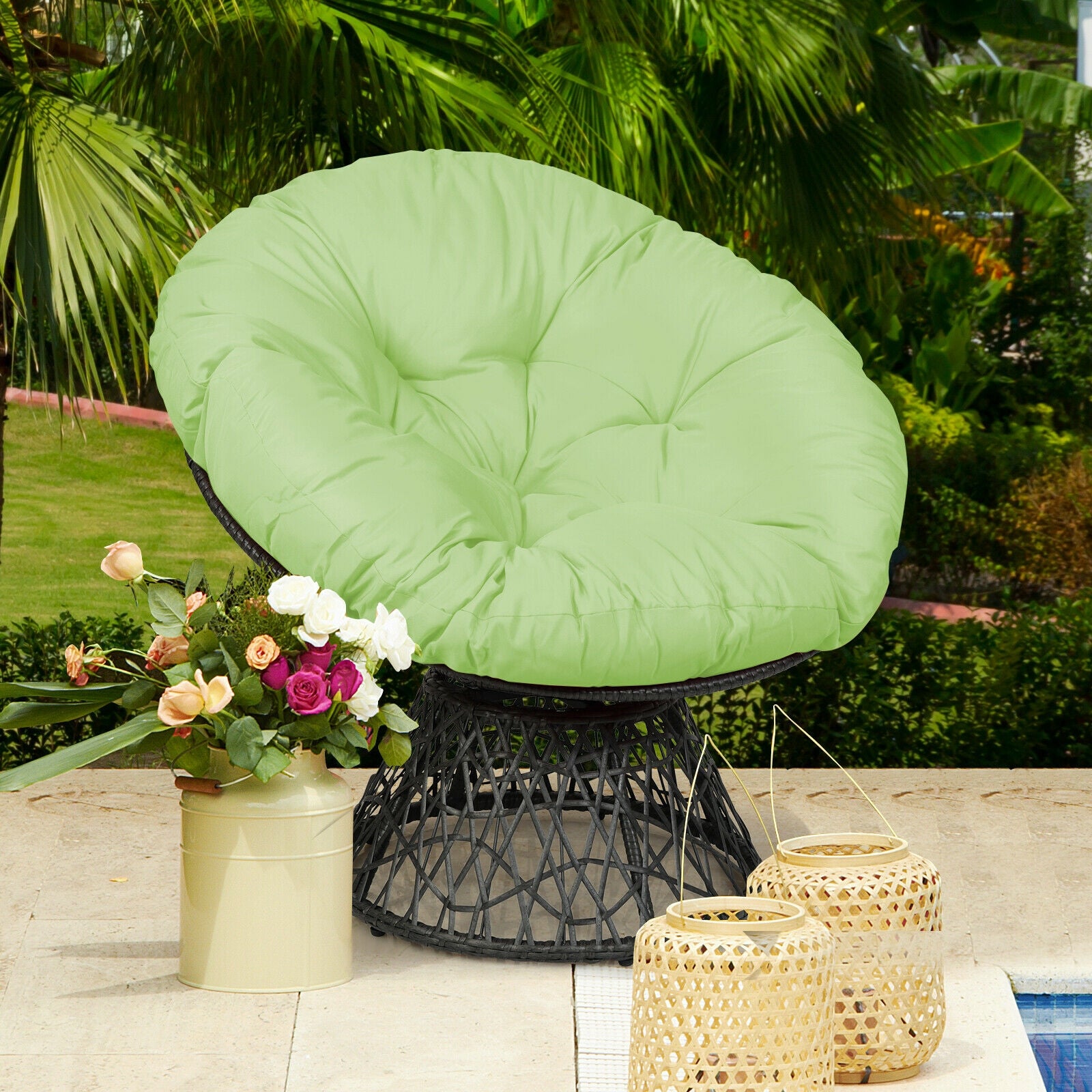 Rattan Papasan Chair Ergonomic 360-degree Swivel Soft Cushion Garden-GreenÂ