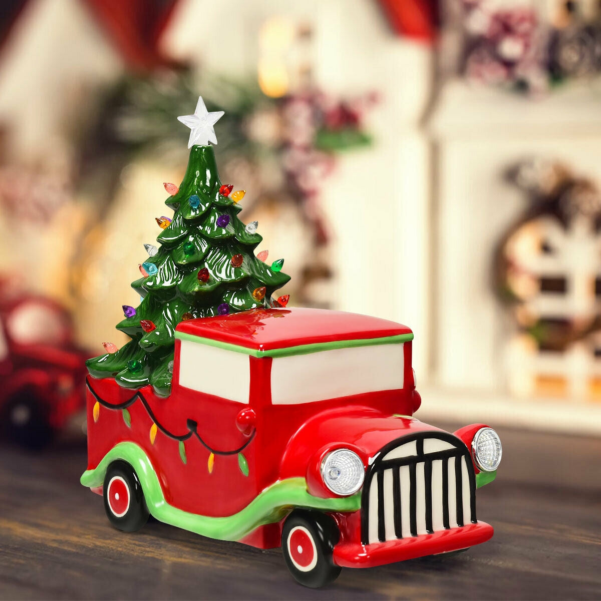 Pre-Lit Vintage Tabletop Ceramic Christmas Tree Truck with BatteryÂ