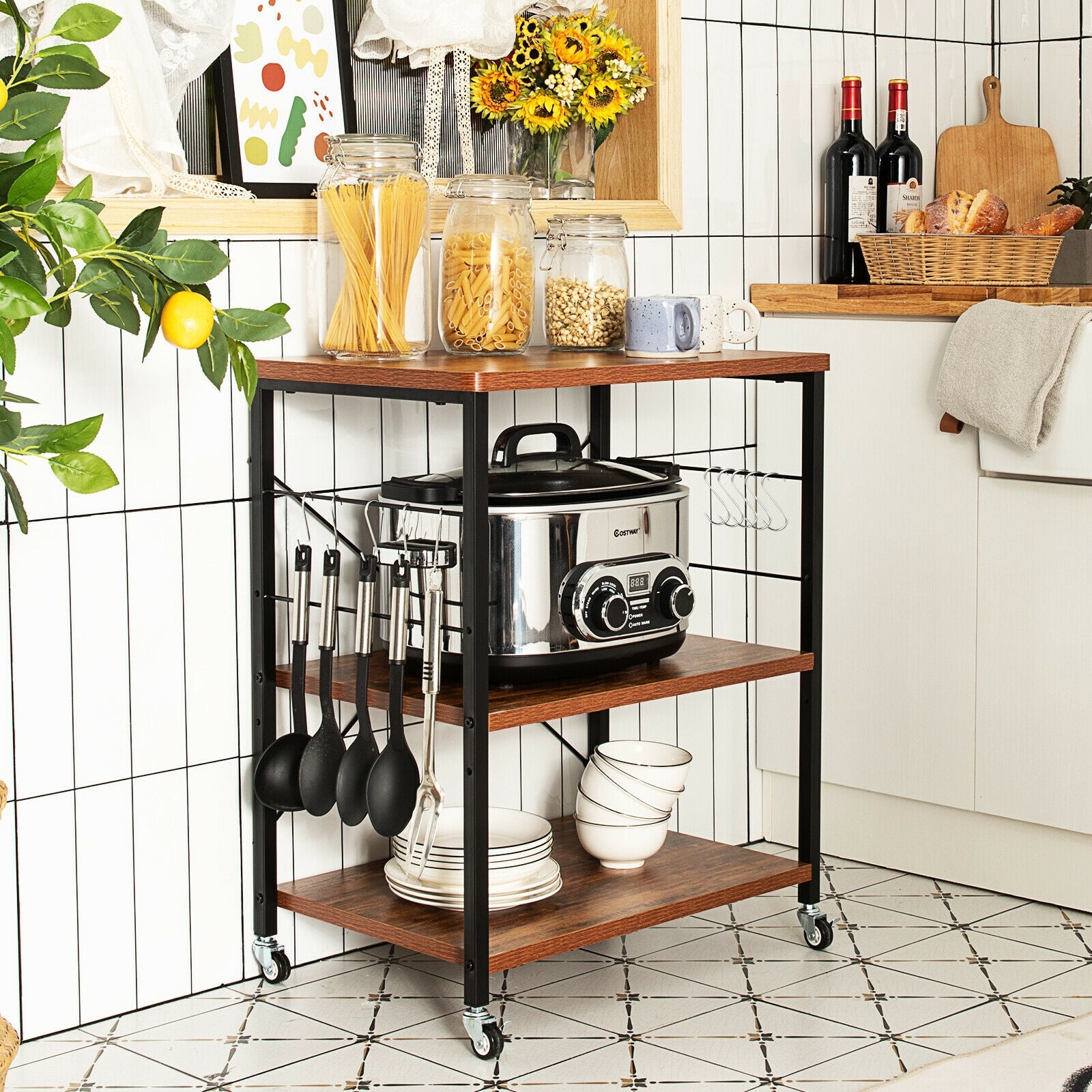 3-Tier Kitchen Baker's Rack Microwave Oven Storage Cart with Hooks-VintageÂ