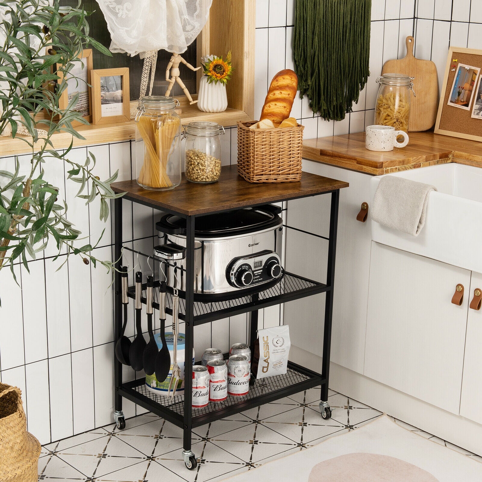 3-Tier Kitchen Serving Cart Utility Standing Microwave Rack with Hooks BrownÂ