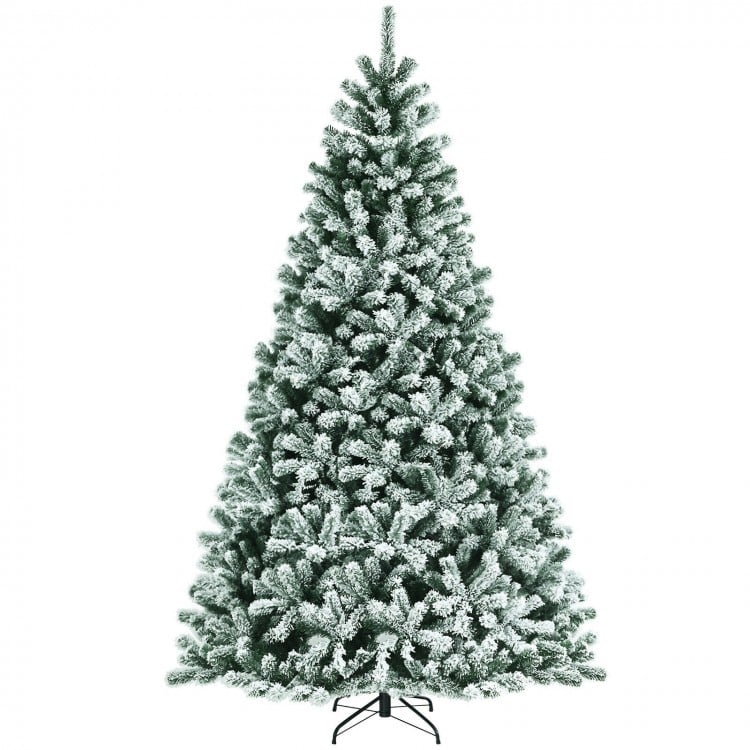 8 Feet Pre-lit Snow Flocked Christmas Tree with Tips and Metal Stand-8 ft