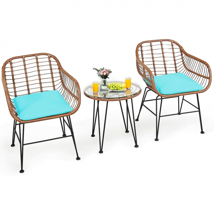 3 Pieces Patio Rattan Bistro Set with Cushion-Turquoise