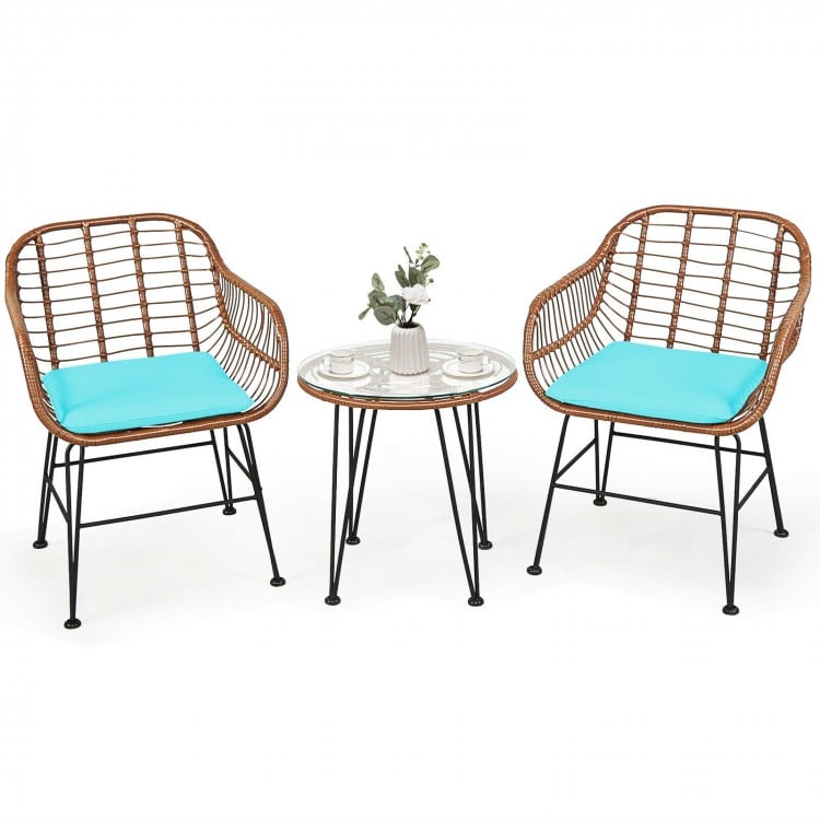 3 Pieces Patio Rattan Bistro Set with Cushion-Turquoise