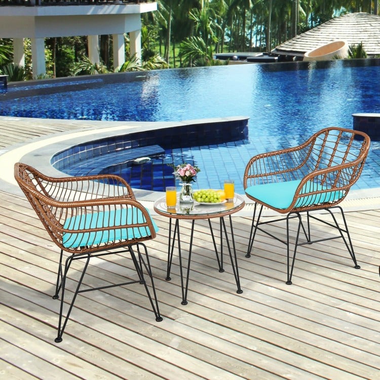 3 Pieces Patio Rattan Bistro Set with Cushion-Turquoise