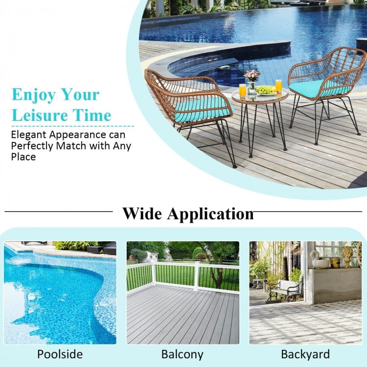 3 Pieces Patio Rattan Bistro Set with Cushion-Turquoise