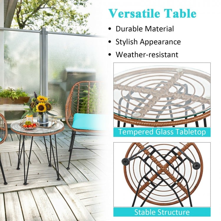 3 Pieces Patio Rattan Bistro Set with Cushion-Turquoise
