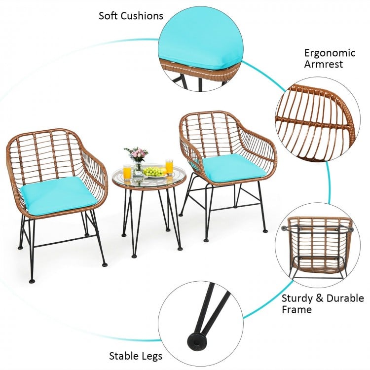 3 Pieces Patio Rattan Bistro Set with Cushion-Turquoise