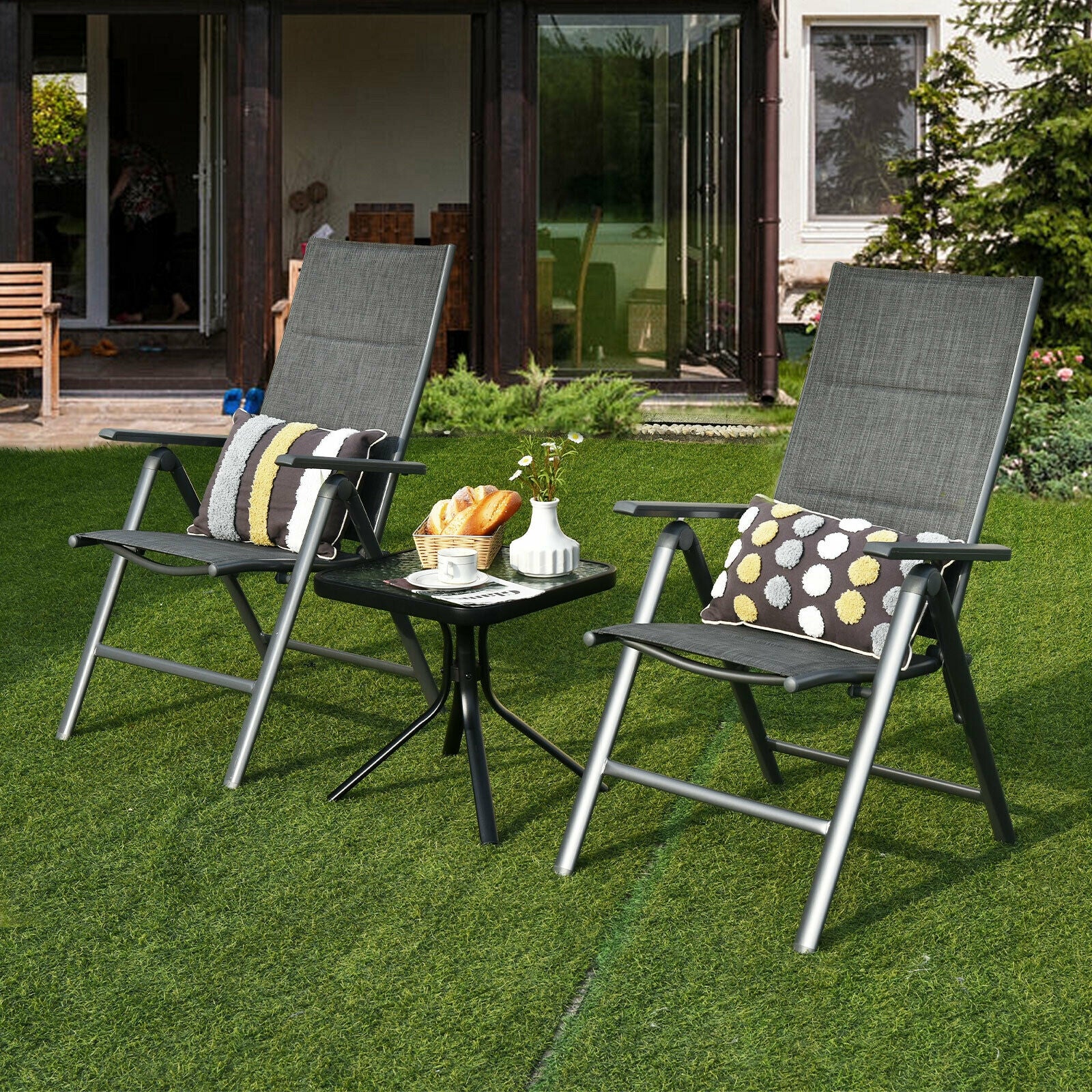 2 Pieces Patio Folding Dining Chairs Aluminum Padded Adjustable Back-GrayÂ
