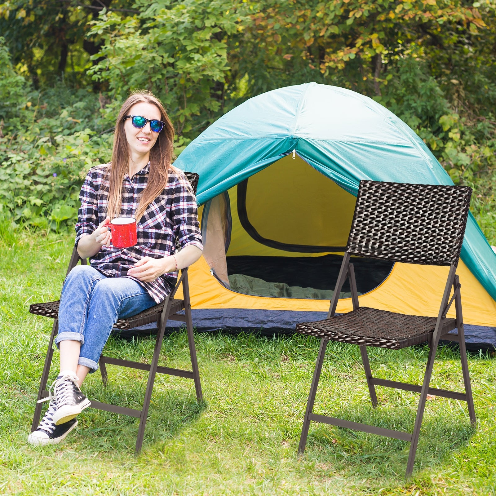 Set of 2 Folding Patio Rattan Portable Dining ChairsÂ