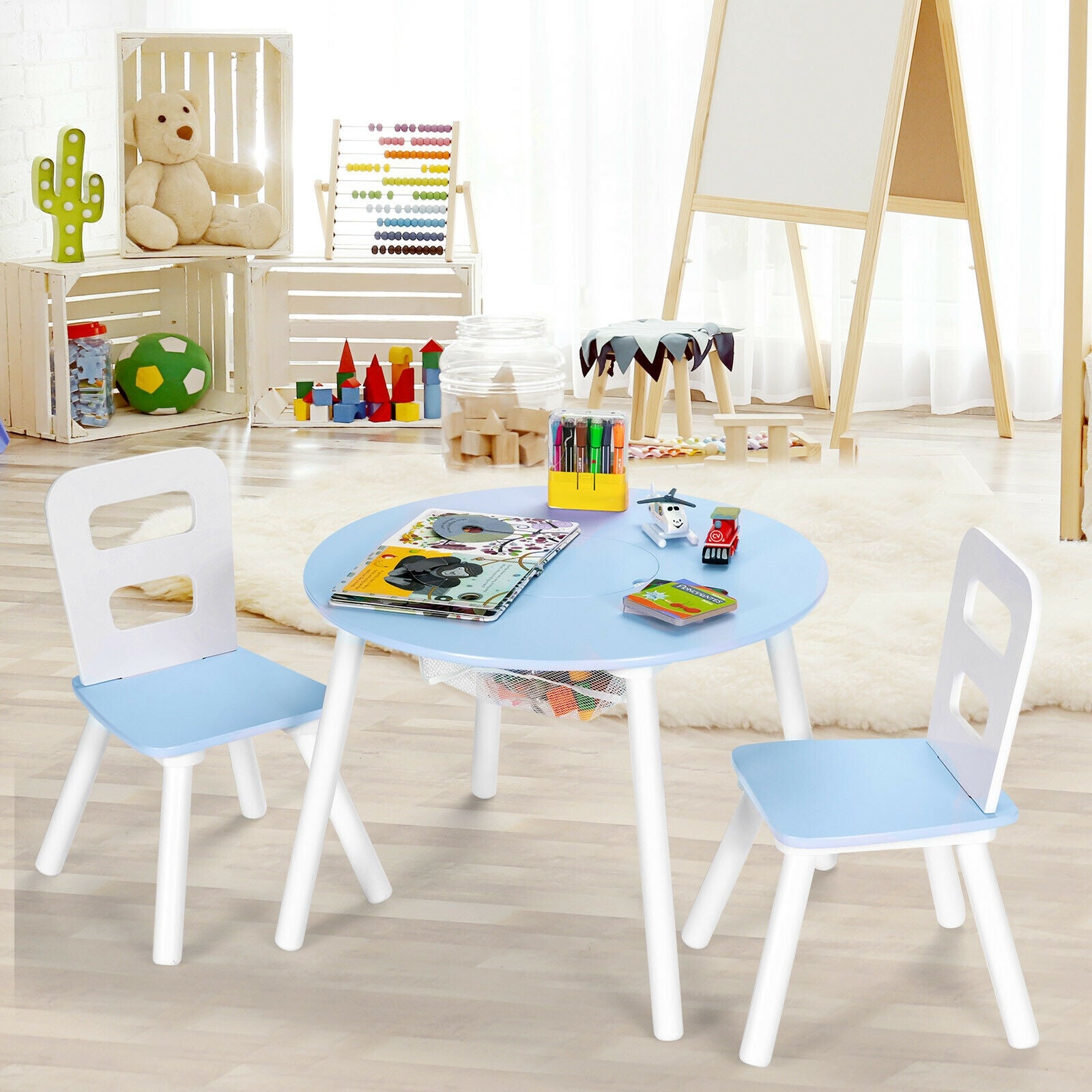 Wood Activity Kids Table and Chair Set with Center Mesh Storage for Snack Time and Homework-BlueÂ