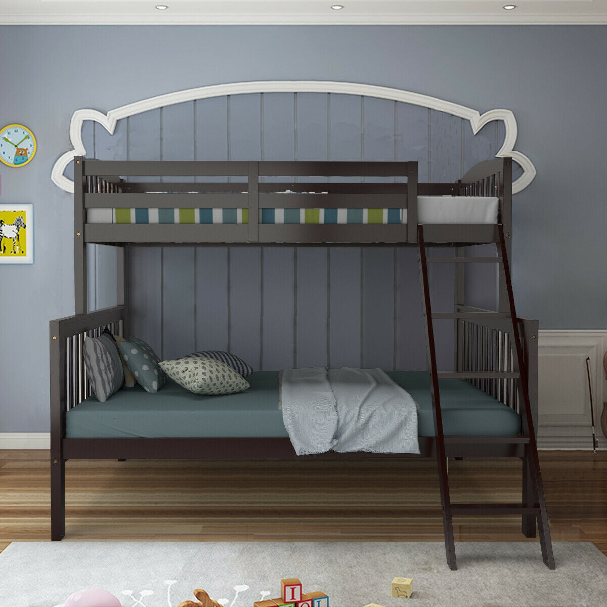 Twin over Full Bunk Bed Rubber Wood Convertible with Ladder Guardrail-EspressoÂ