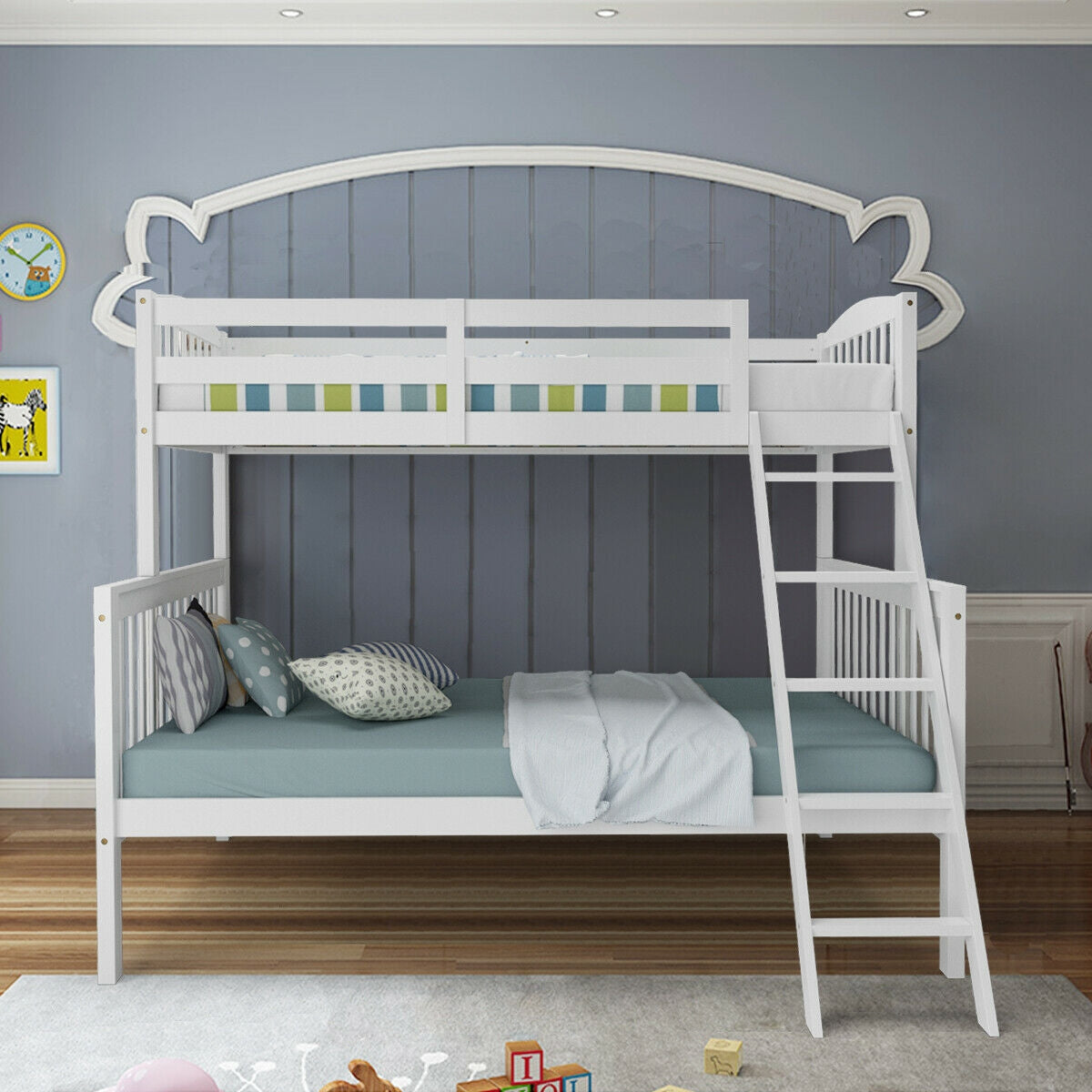 Twin over Full Bunk Bed Rubber Wood Convertible with Ladder Guardrail-WhiteÂ